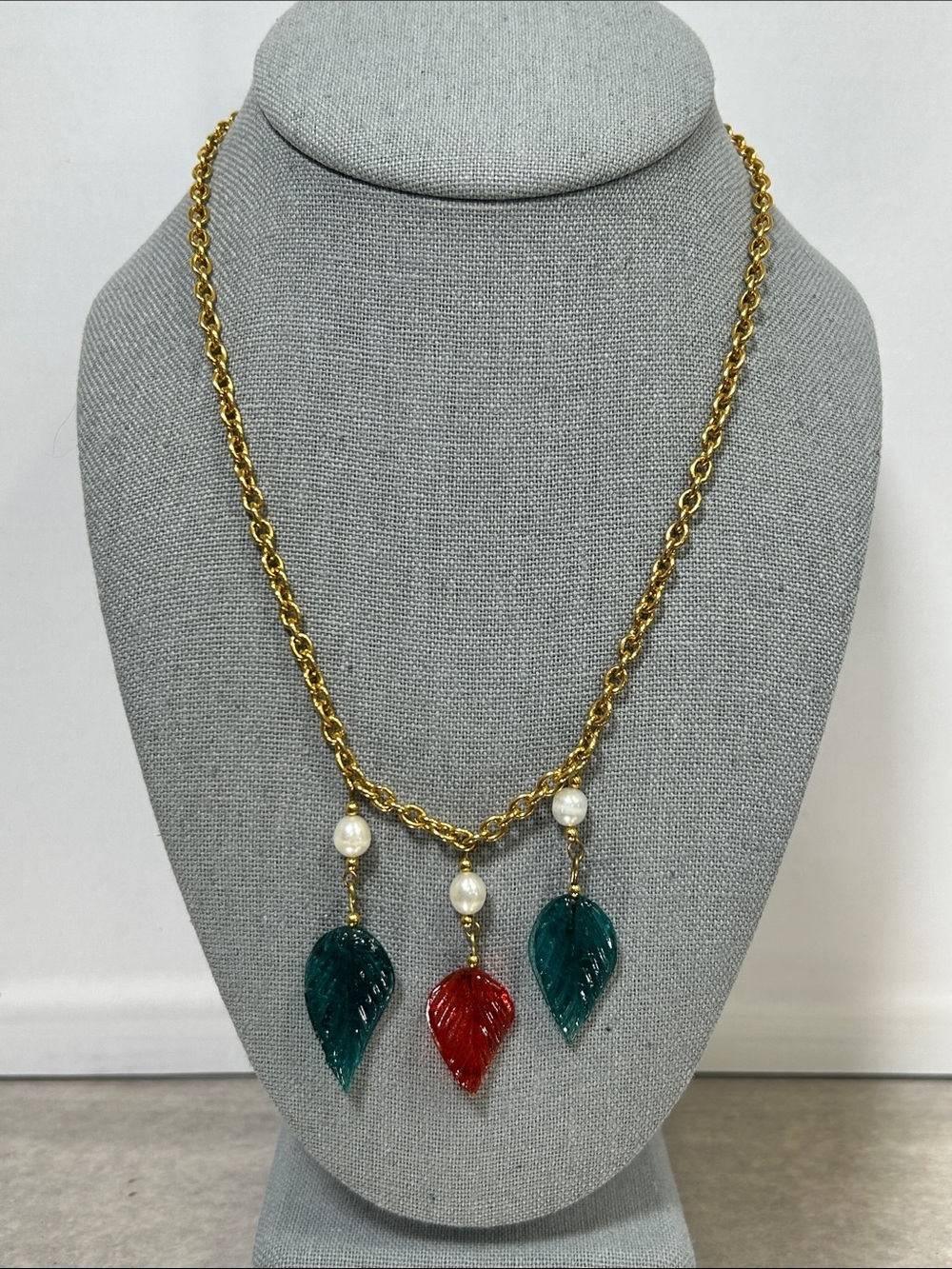 Gold Chain Necklace with Green and Red Leaf Glass Charms and Genuine Pearls